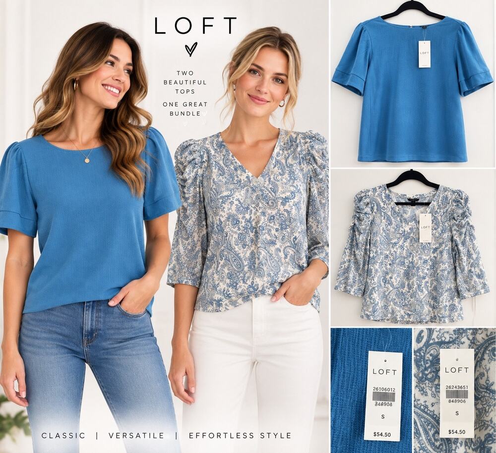 NWT LOFT 2 Top Bundle Blue Puff Sleeve & Paisley Blouse Size S